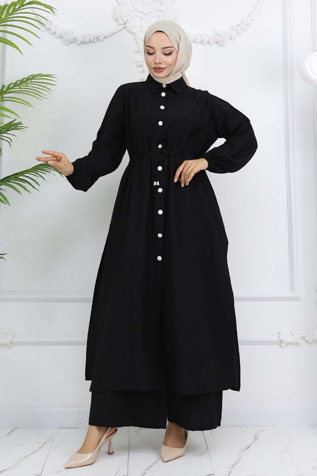 BNG Women Yandan Yırtmaç Detaylı Tunik Pantolon Takım Siyah 4770 - Bergkamen