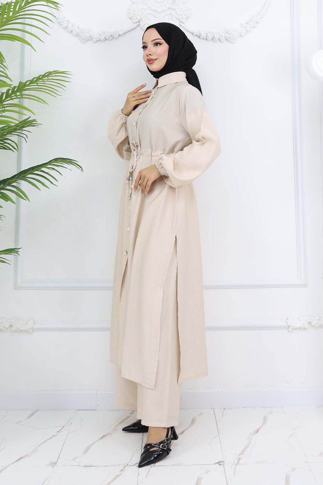 BNG Women Yandan Yırtmaç Detaylı Tunik Pantolon Takım Taş Rengi 4770 - Bowling Green