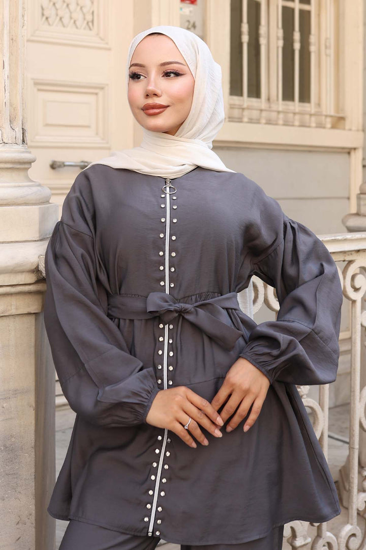 BNG Women Stone Detailed Two-Piece Set Anthracite 4877 - Campbell