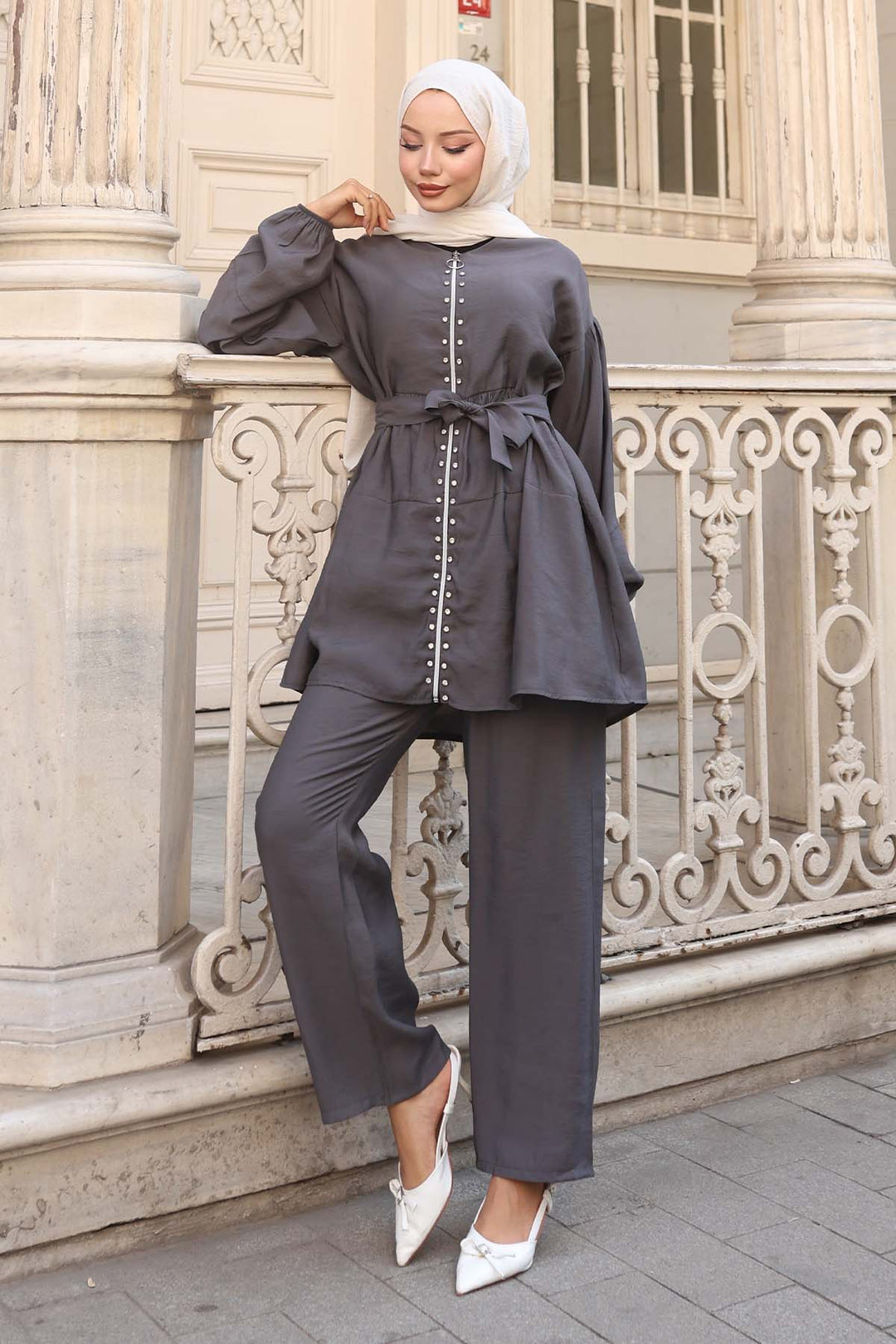 BNG Women Stone Detailed Two-Piece Set Anthracite 4877 - Campbell