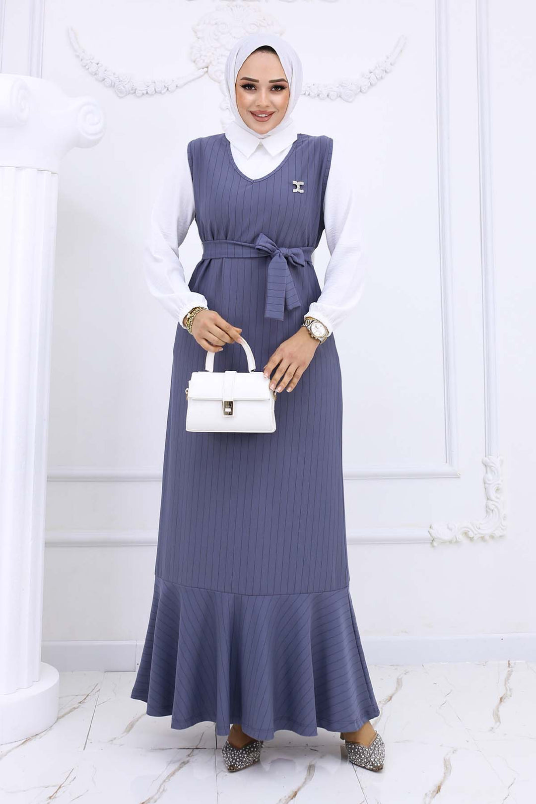 BNG Women Line Detailed Brooch Dress Gray 4002 - Comitán
