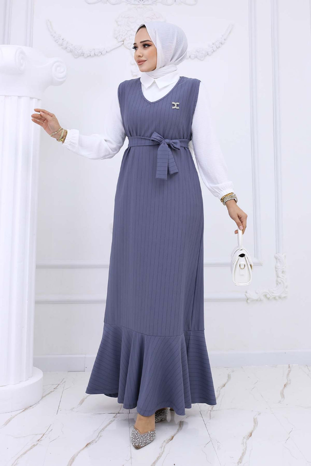 BNG Women Line Detailed Brooch Dress Gray 4002 - Comitán