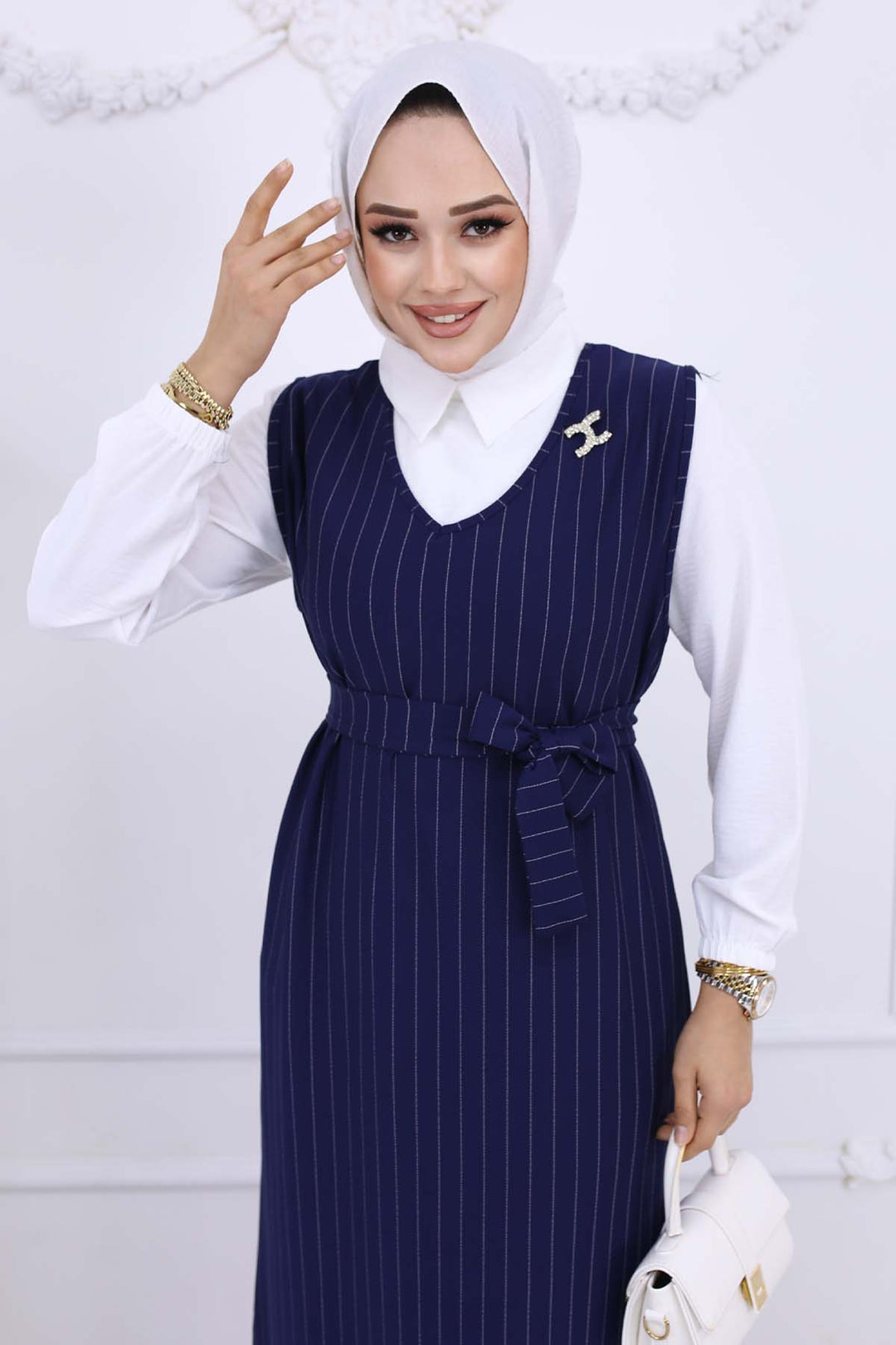 BNG Women Line Detailed Brooch Dress Navy Blue 4002 - Valdemoro