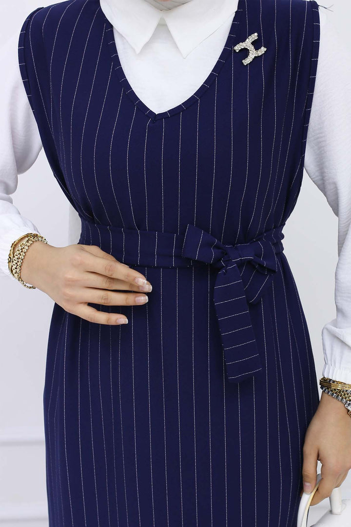 BNG Women Line Detailed Brooch Dress Navy Blue 4002 - Valdemoro