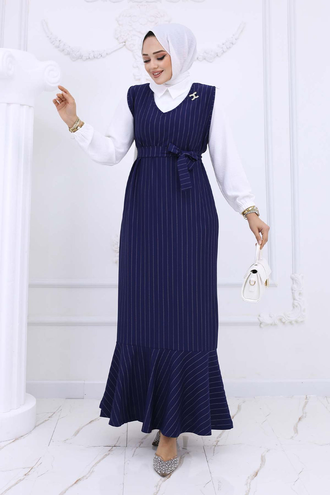 BNG Women Line Detailed Brooch Dress Navy Blue 4002 - Valdemoro