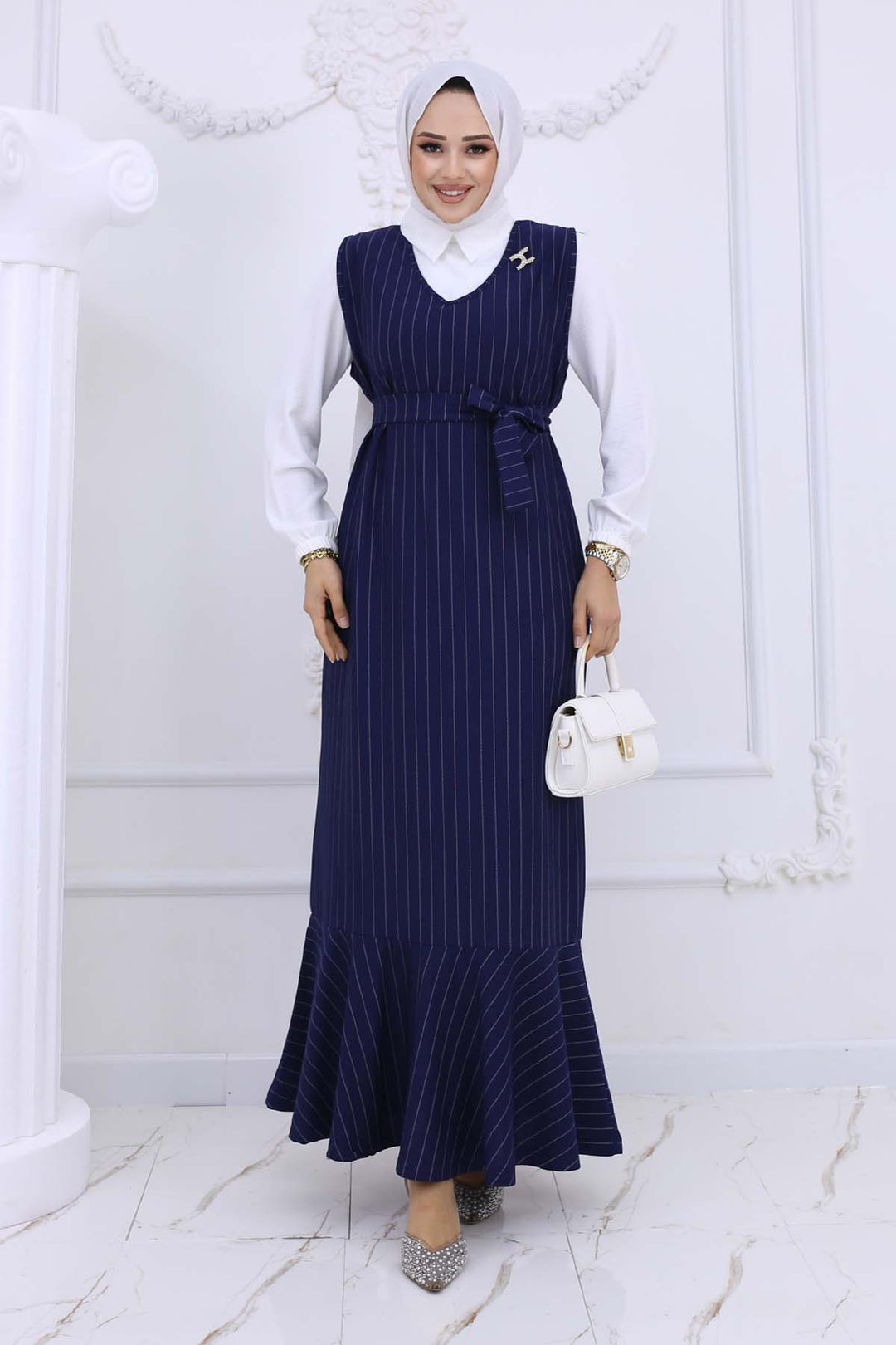 BNG Women Line Detailed Brooch Dress Navy Blue 4002 - Valdemoro