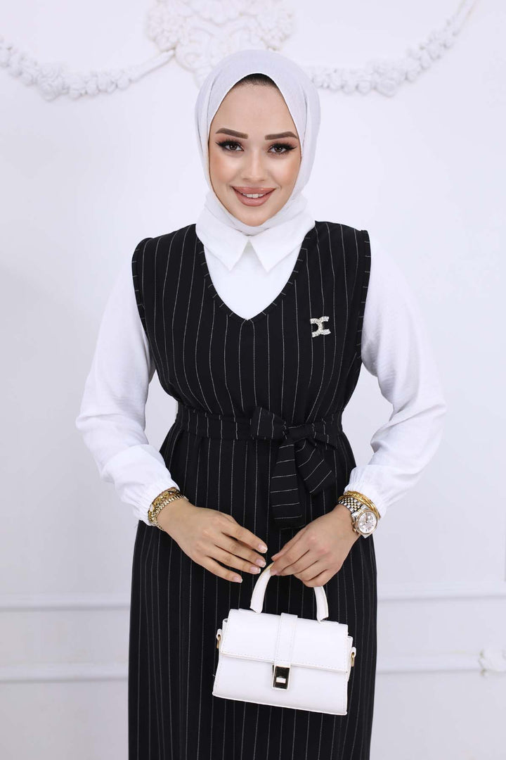 BNG Women Line Detailed Brooch Dress Black 4002 - Venray