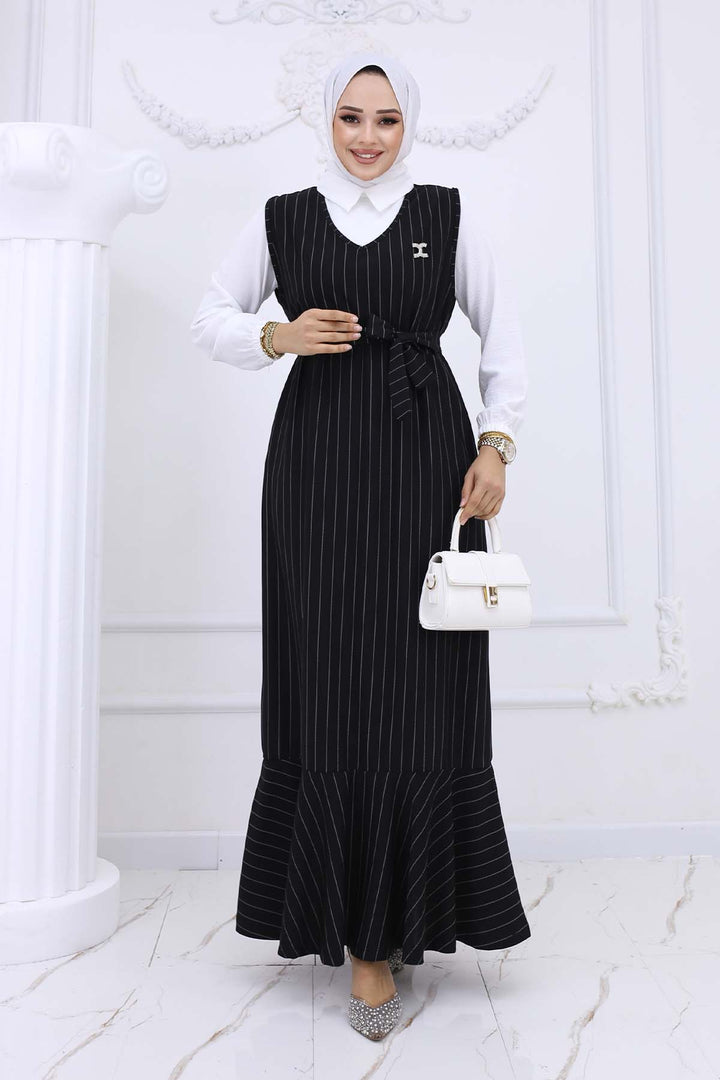 BNG Women Line Detailed Brooch Dress Black 4002 - Venray
