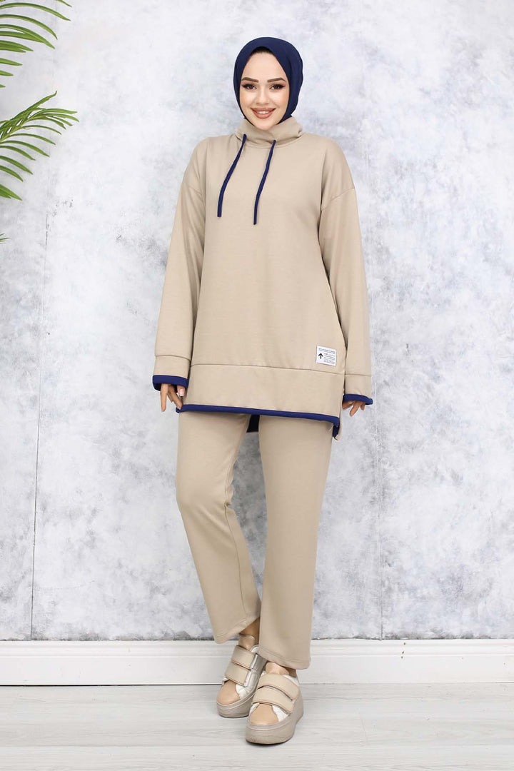 BNG Women Detailed Collar Two-Piece Beige Suit 4581 - Sassari