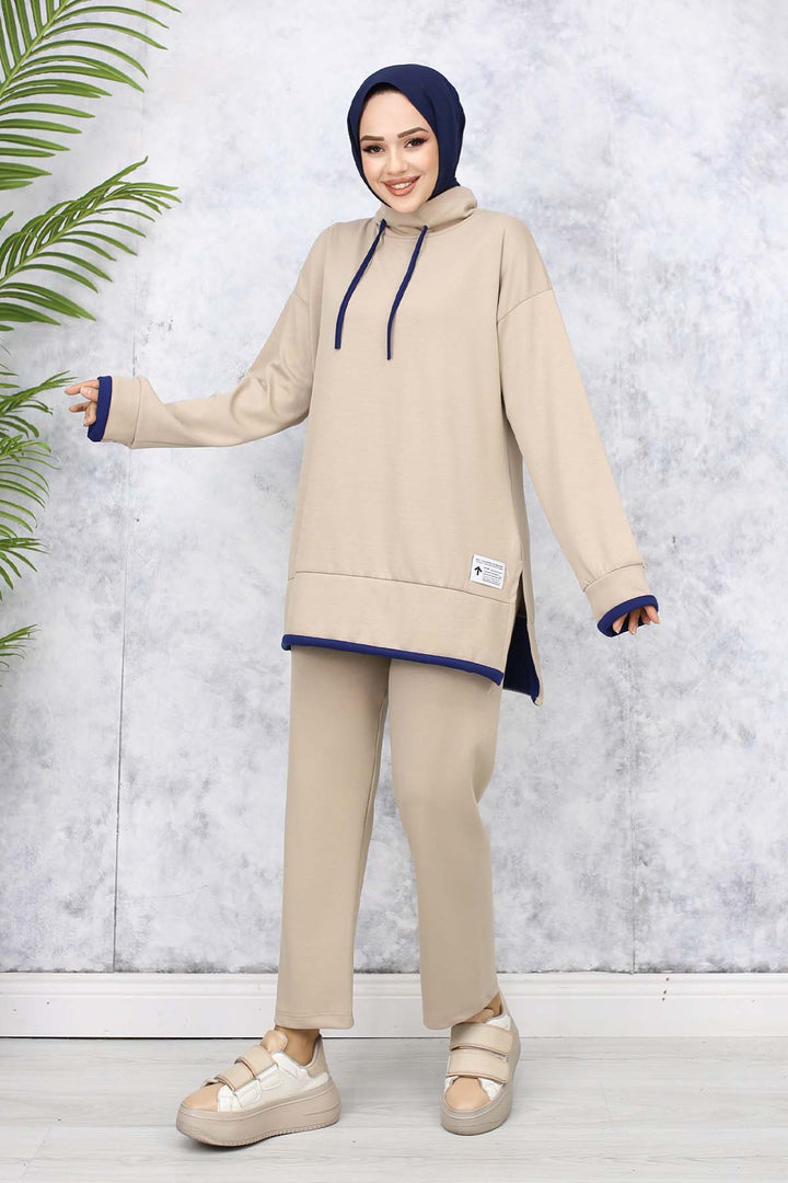 BNG Women Detailed Collar Two-Piece Beige Suit 4581 - Sassari