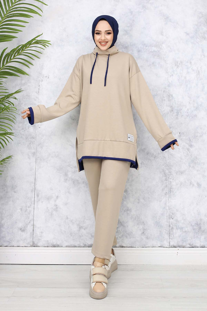 BNG Women Detailed Collar Two-Piece Beige Suit 4581 - Sassari