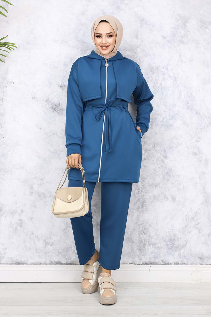 BNG Women Neck Detailed Scuba Two Piece Set Petrol 4596 - Zhlobin