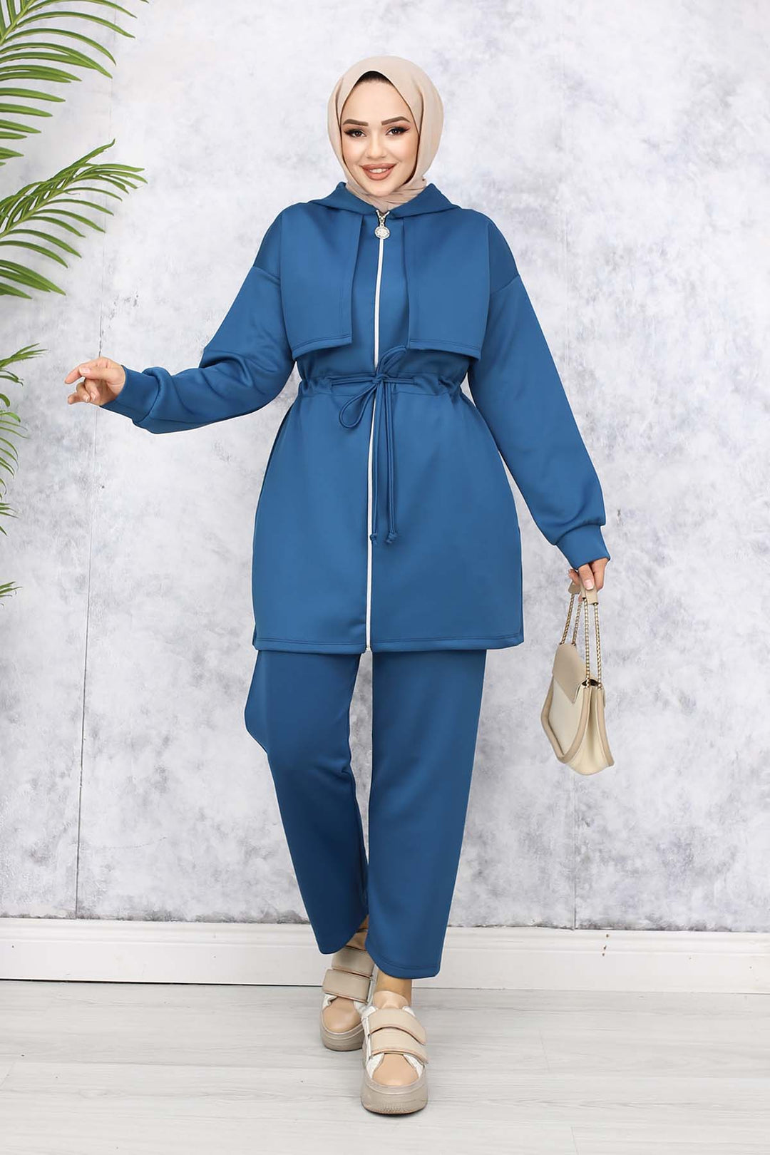BNG Women Neck Detailed Scuba Two Piece Set Petrol 4596 - Zhlobin