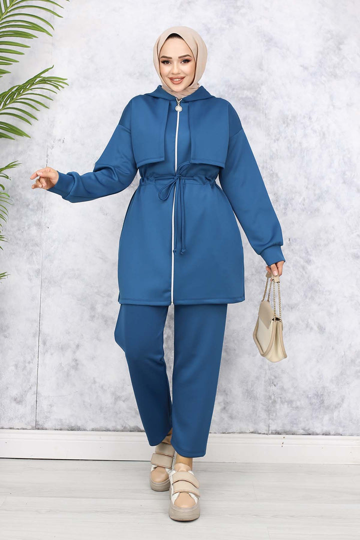 BNG Women Neck Detailed Scuba Two Piece Set Petrol 4596 - Zhlobin