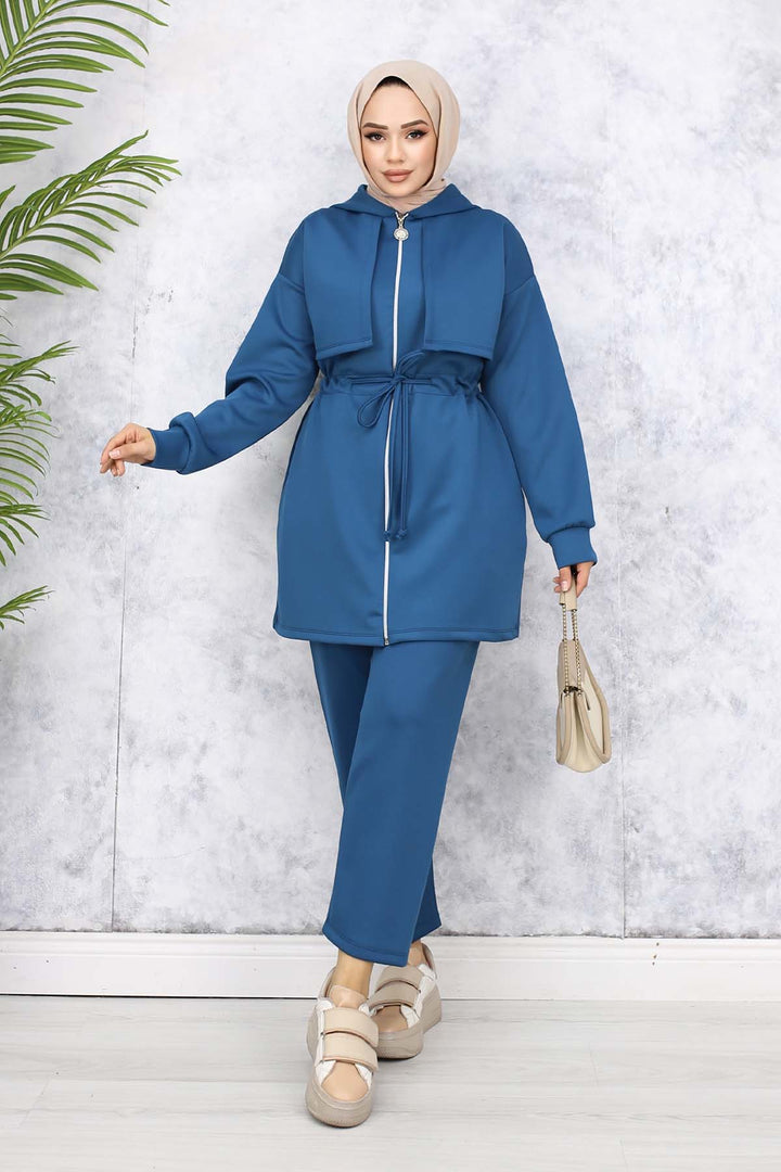 BNG Women Neck Detailed Scuba Two Piece Set Petrol 4596 - Zhlobin