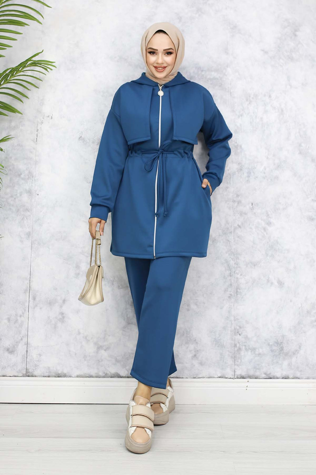 BNG Women Neck Detailed Scuba Two Piece Set Petrol 4596 - Zhlobin