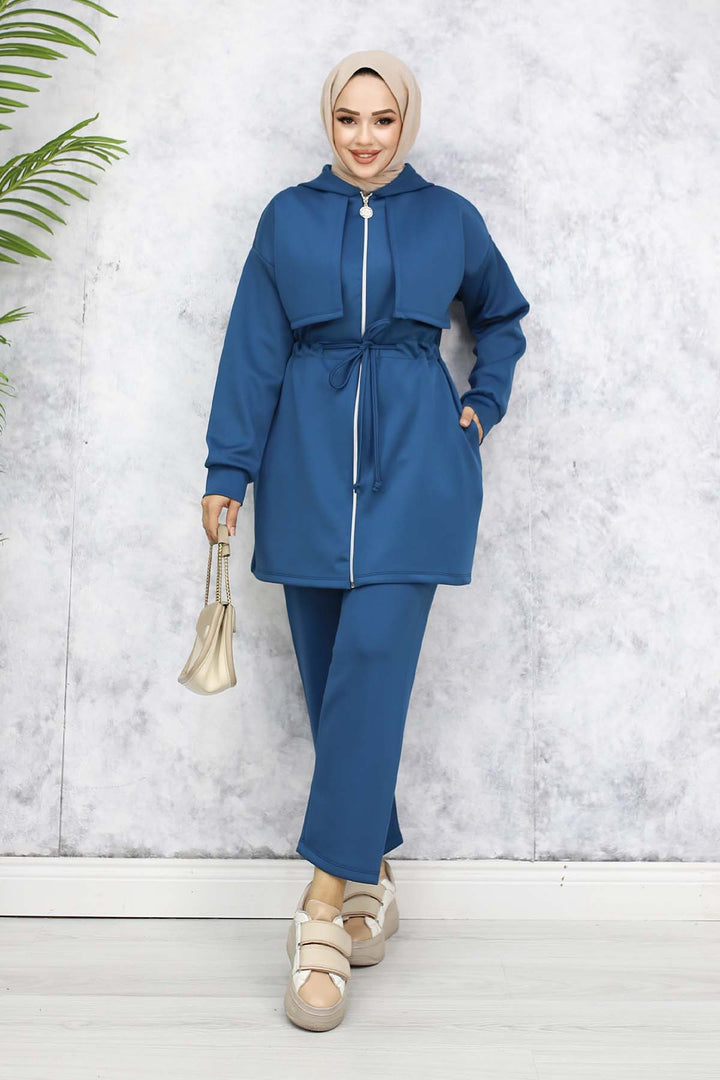BNG Women Neck Detailed Scuba Two Piece Set Petrol 4596 - Zhlobin