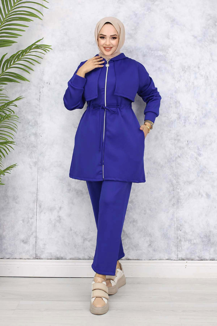 BNG Women Neck Detailed Scuba Two Piece Set Sax Blue 4596 - Marlboro