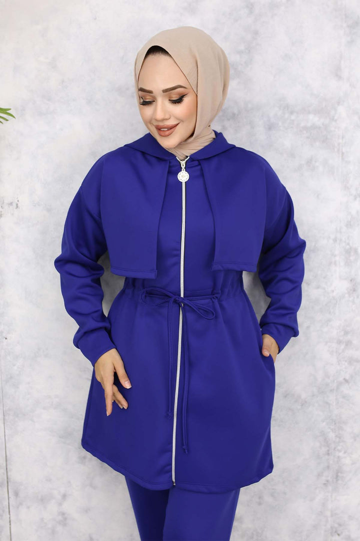 BNG Women Neck Detailed Scuba Two Piece Set Sax Blue 4596 - Ixtapaluca