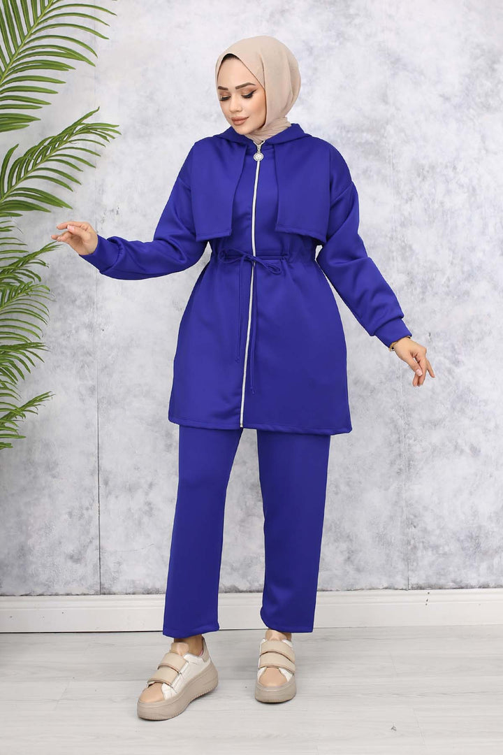 BNG Women Neck Detailed Scuba Two Piece Set Sax Blue 4596 - Ixtapaluca