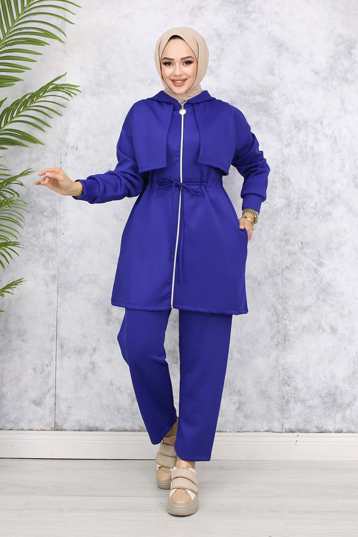 BNG Women Neck Detailed Scuba Two Piece Set Sax Blue 4596 - Ixtapaluca