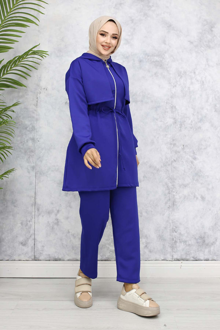 BNG Women Neck Detailed Scuba Two Piece Set Sax Blue 4596 - Marlboro