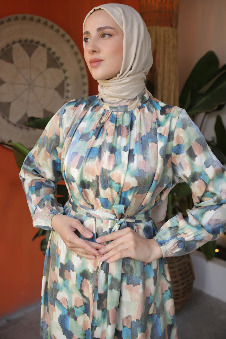 BNG فستان حجاب نسائي منقوش أخضر - كليرمونت
