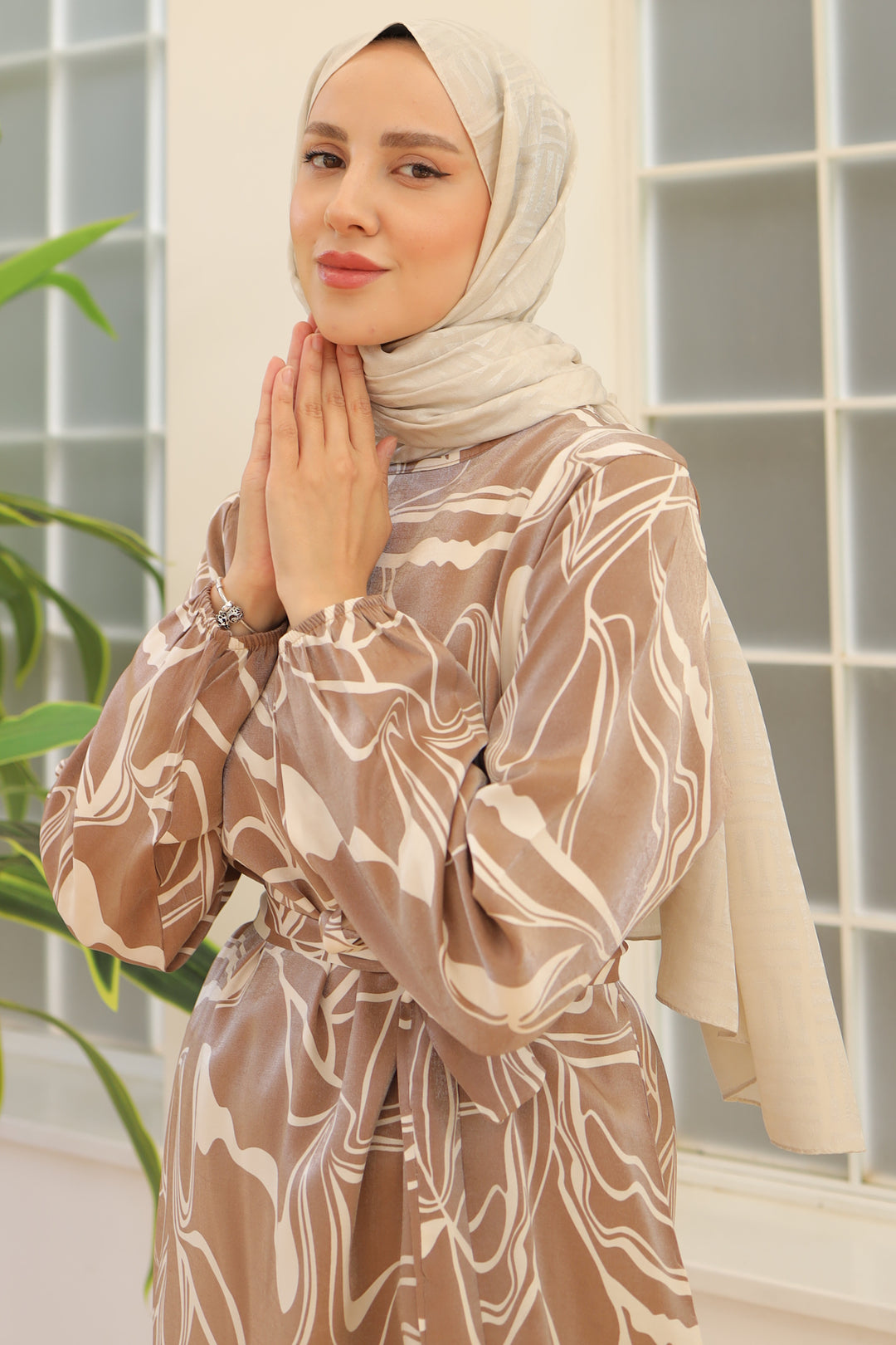 BNG Women Belted Patterned Dress Milky Coffee - Clermont