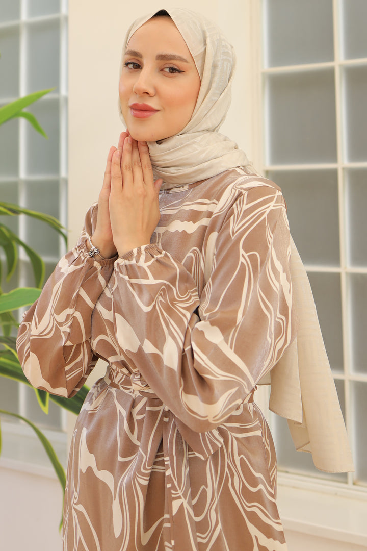 BNG Women Belted Patterned Dress Milky Coffee - Clermont