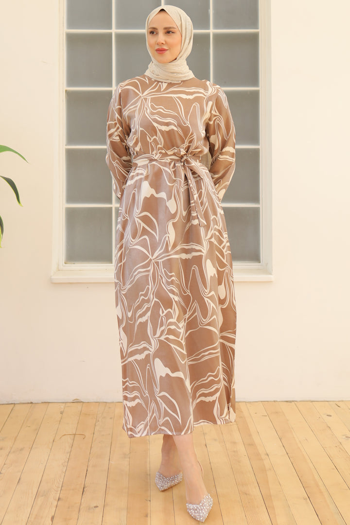 BNG Women Belted Patterned Dress Milky Coffee - Clermont