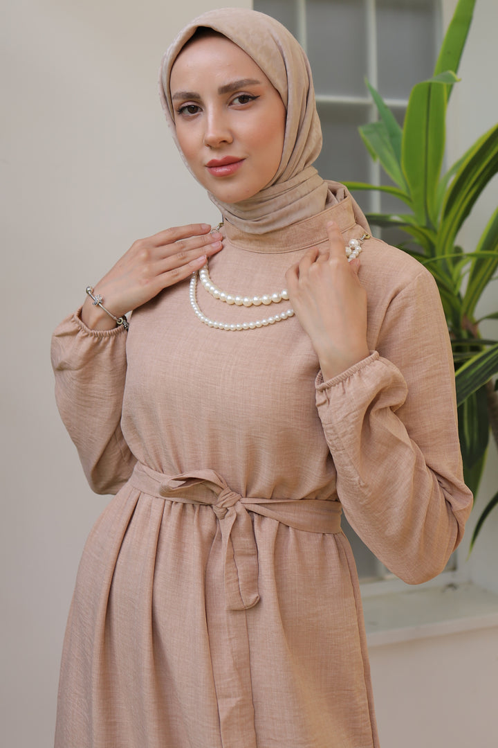 BNG Women Linen Dress with Pearl Necklace Beige - Clermont