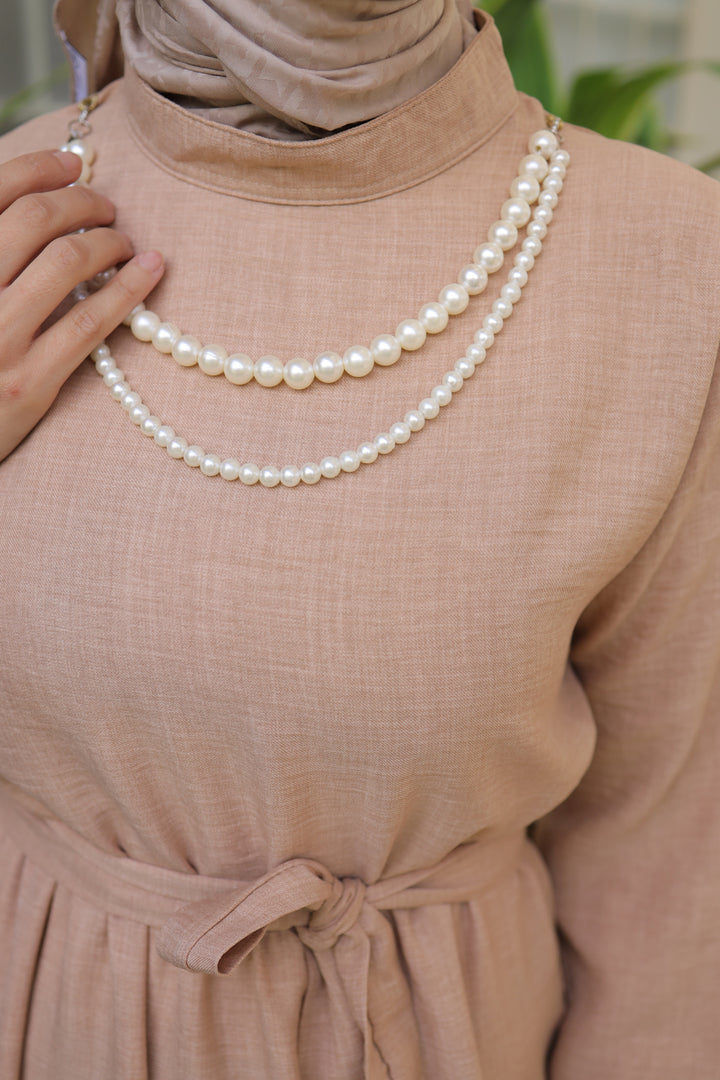 BNG Women Linen Dress with Pearl Necklace Beige - Clermont