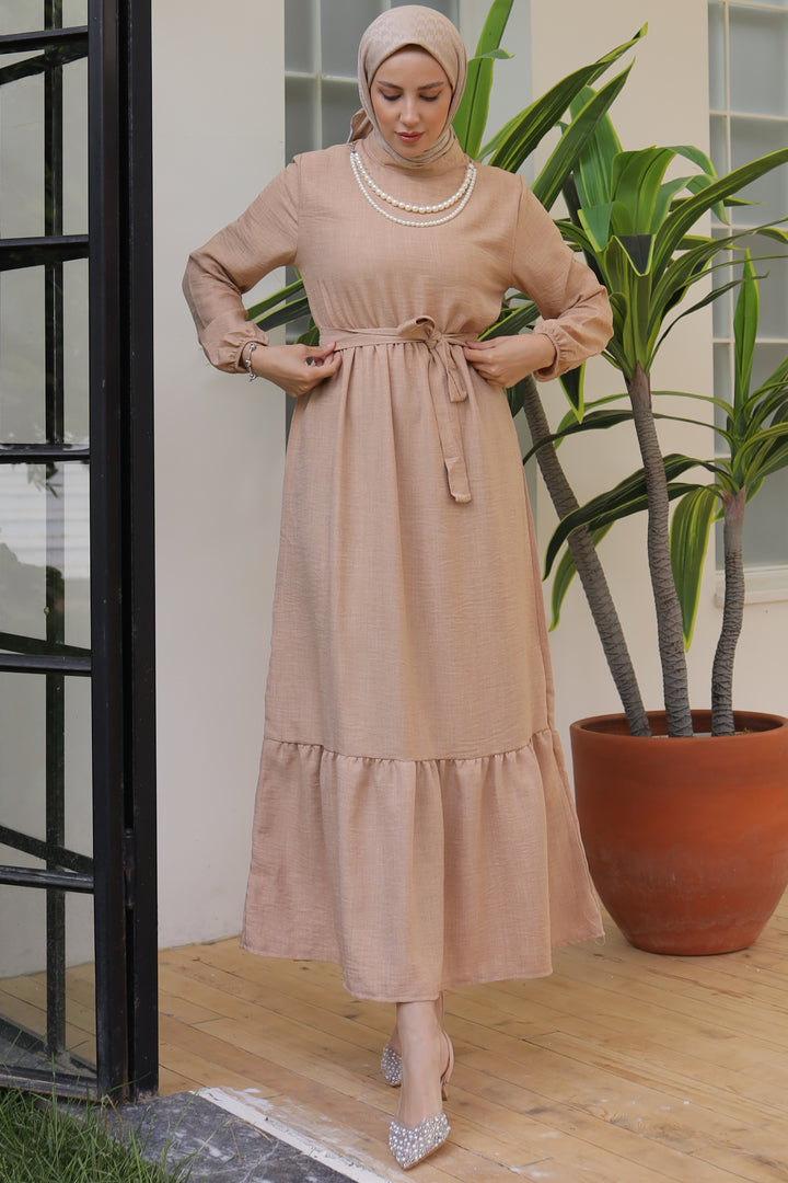 BNG Women Linen Dress with Pearl Necklace Beige - Clermont
