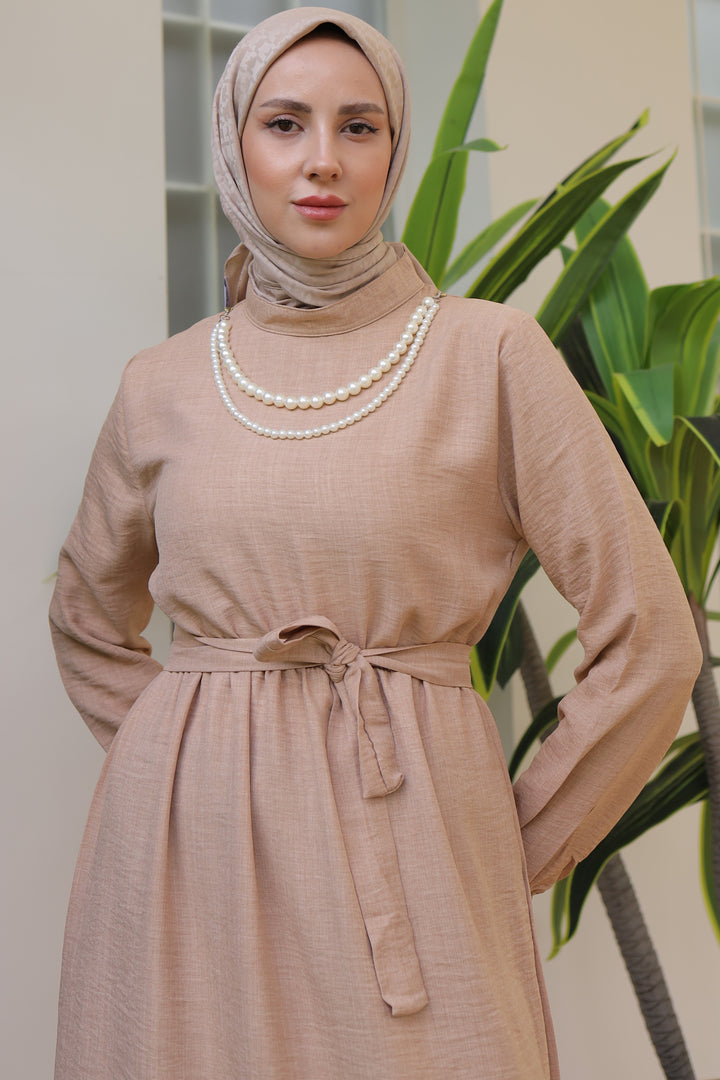 BNG Women Linen Dress with Pearl Necklace Beige - Clermont