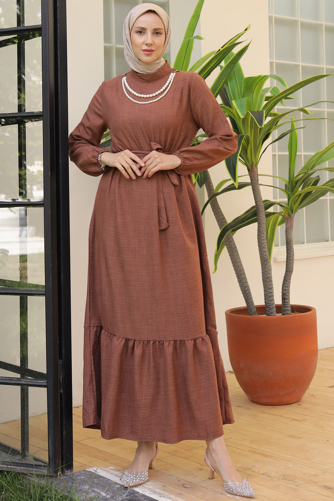 BNG Women Linen Dress with Pearl Necklace Brown - Clermont Clos - Wholesale Clothing Supplier BNG Women Linen Dress with Pearl Necklace Brown - Clermont Clos - Wholesale Clothing Supplier