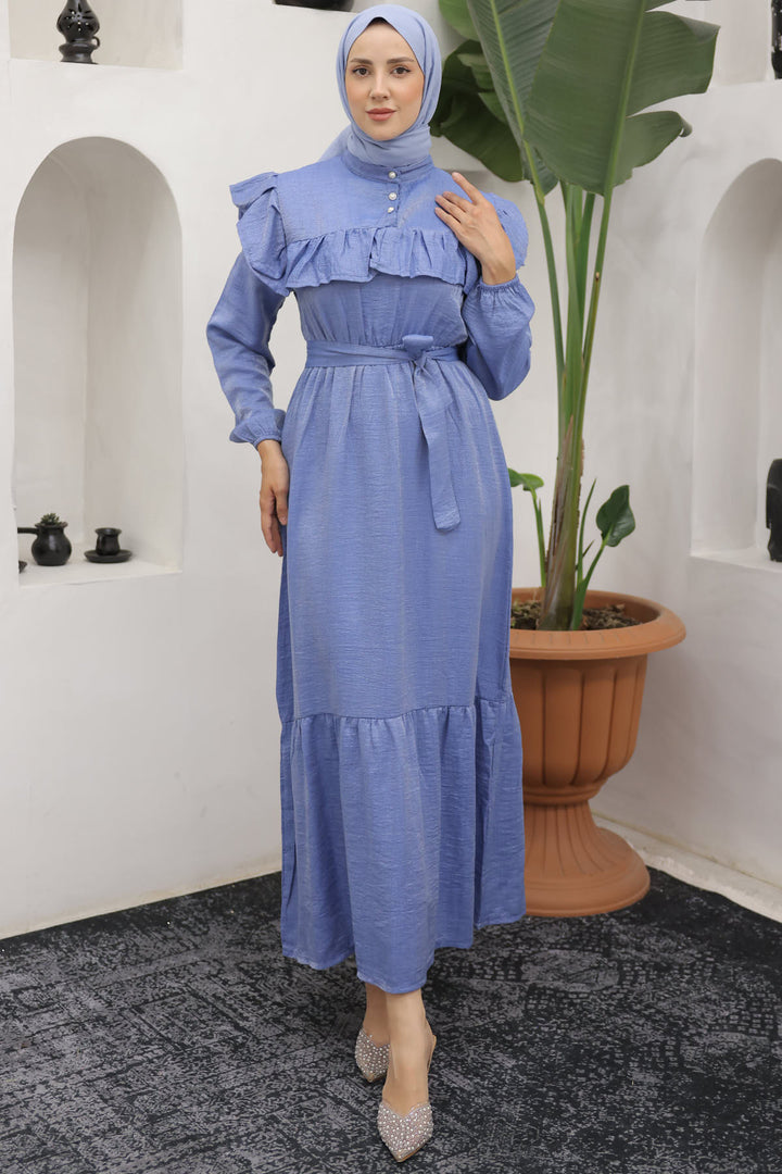 BNG Women Frilled Detail Buttoned Dress Blue - Clermont