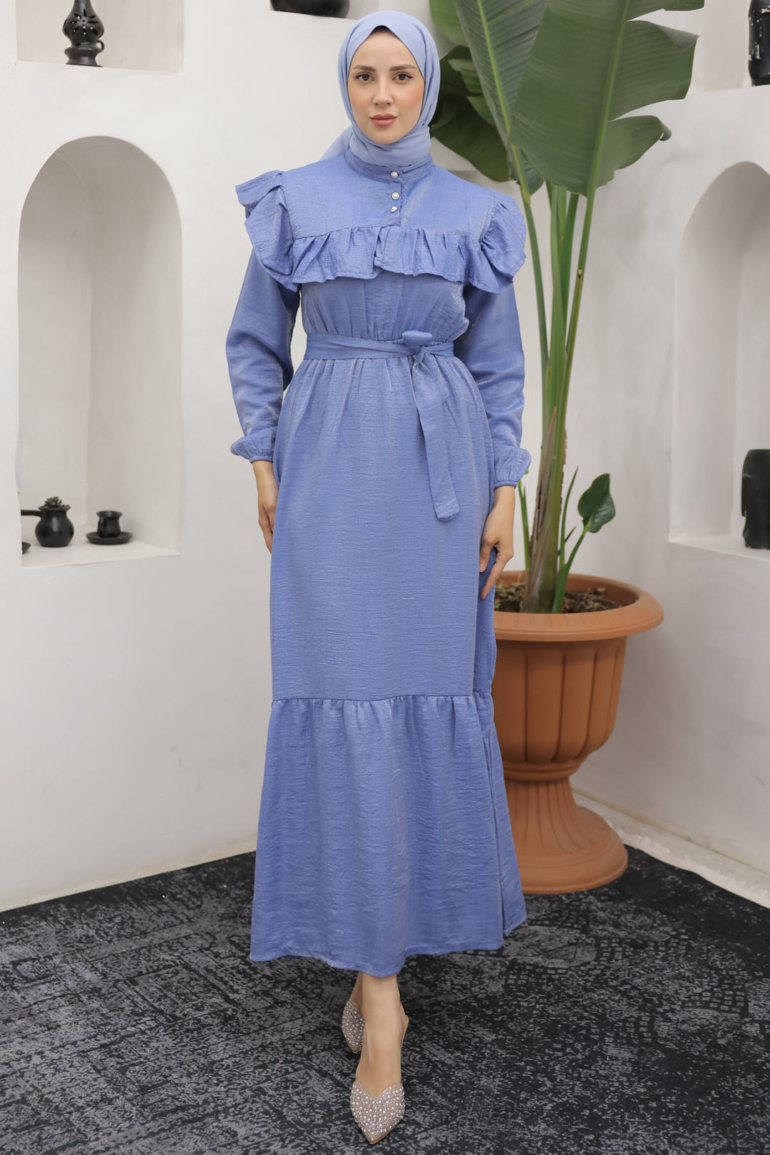BNG Women Frilled Detail Buttoned Dress Blue - Clermont