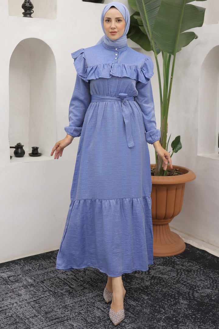 BNG Women Frilled Detail Buttoned Dress Blue - Clermont