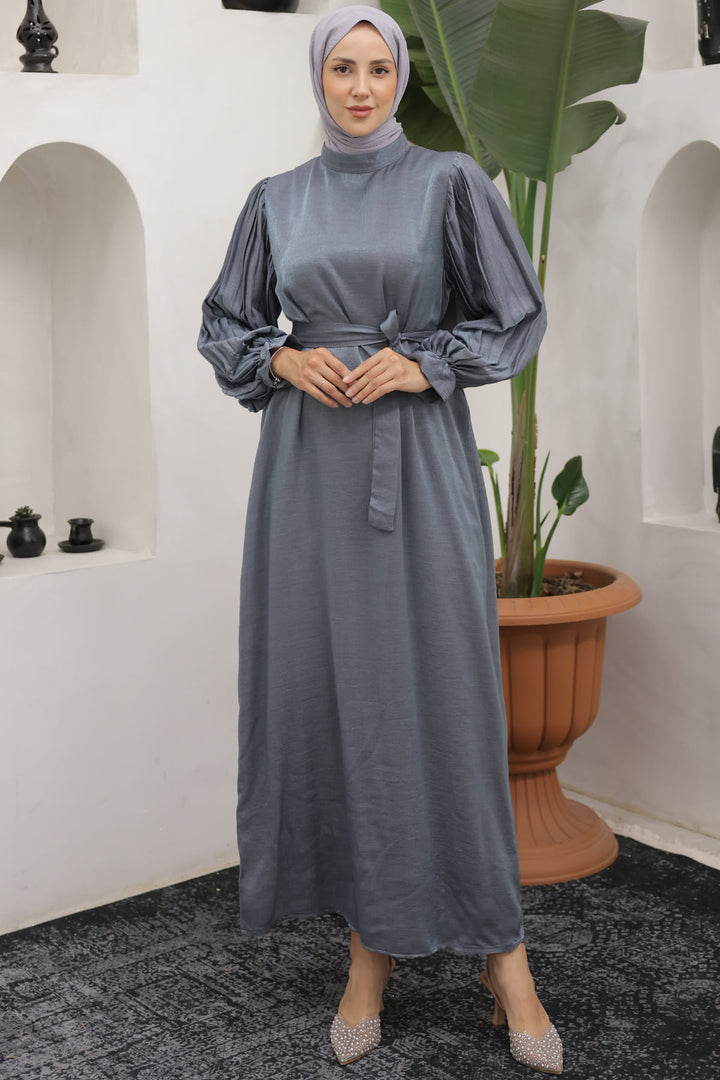 BNG Women Sleeves Pile Detailed Hijab Dress Gray - Clermont