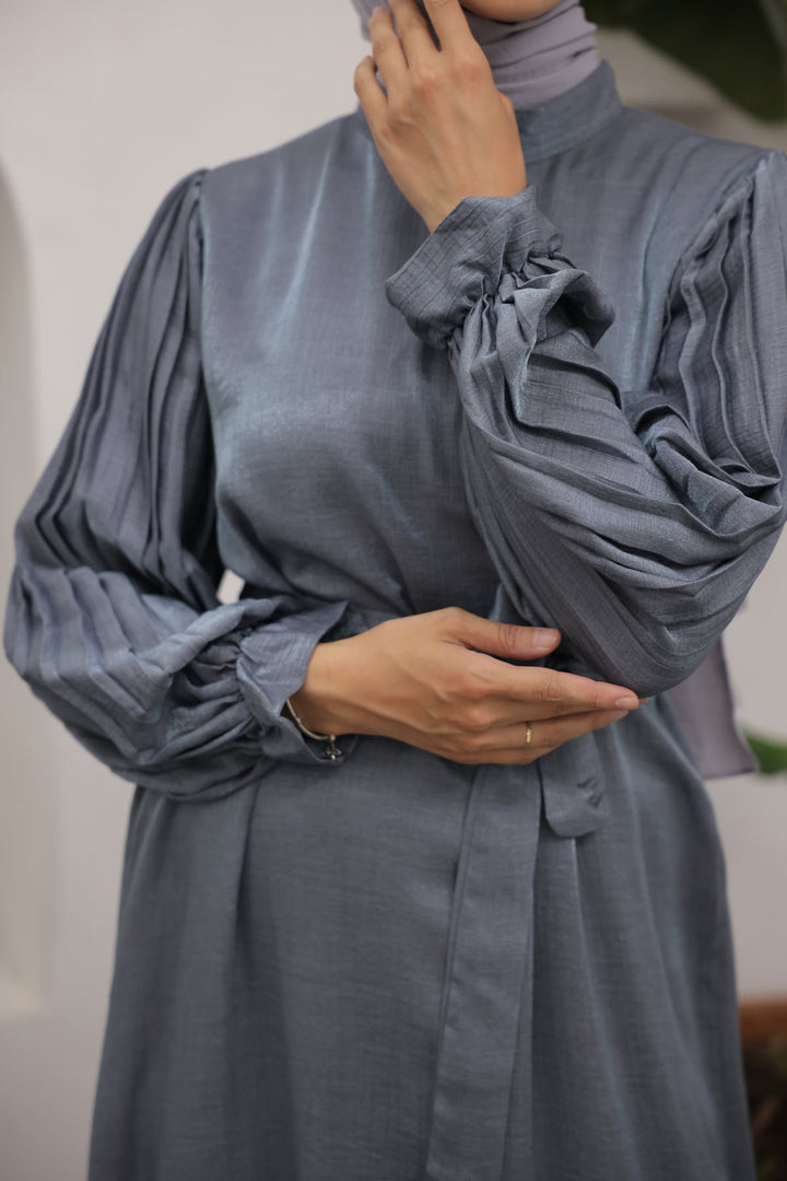 BNG Women Sleeves Pile Detailed Hijab Dress Gray - Clermont
