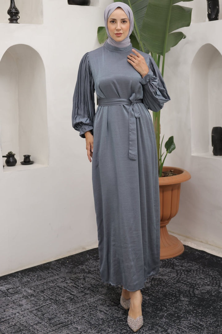 BNG Women Sleeves Pile Detailed Hijab Dress Gray - Clermont