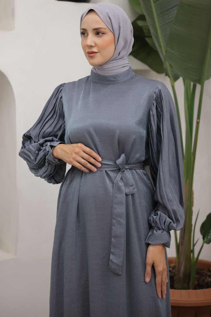 BNG Women Sleeves Pile Detailed Hijab Dress Gray - Clermont