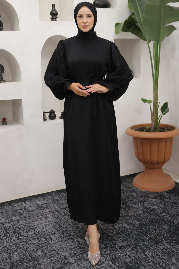 BNG Women Sleeves Pile Detailed Hijab Dress Black - Clermont