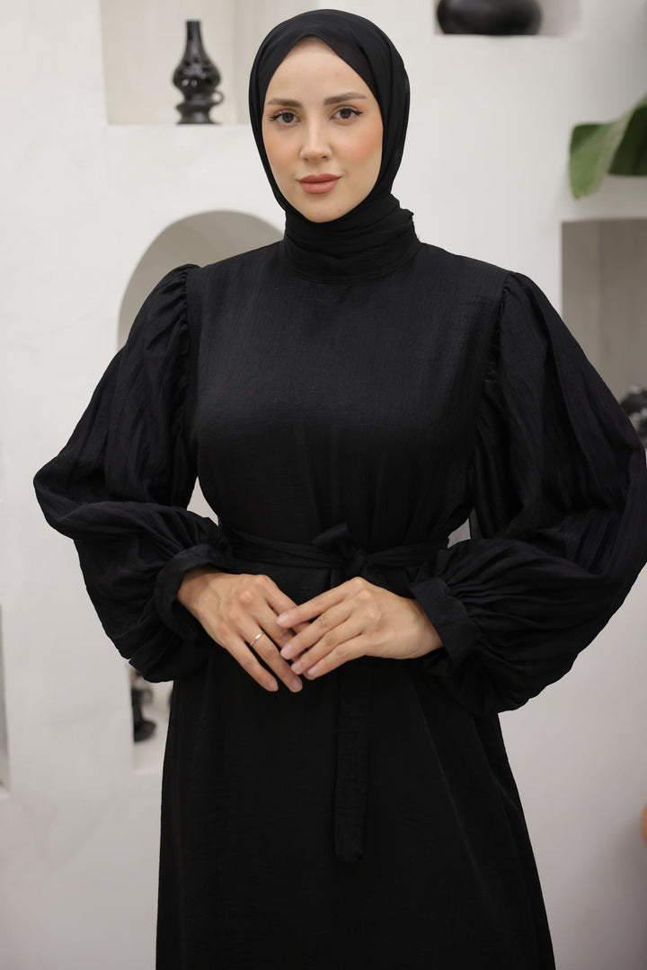 BNG Women Sleeves Pile Detailed Hijab Dress Black - Clermont