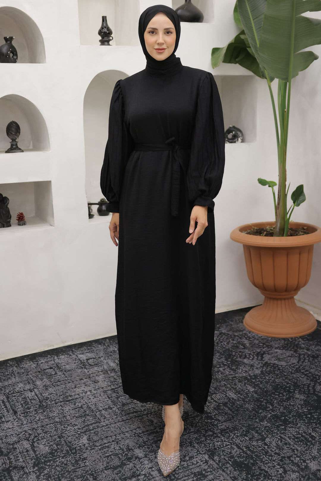 BNG Women Sleeves Pile Detailed Hijab Dress Black - Clermont