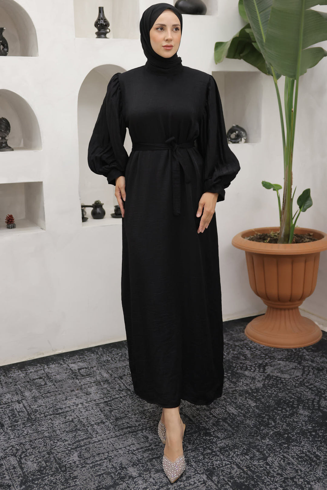 BNG Women Sleeves Pile Detailed Hijab Dress Black - Clermont