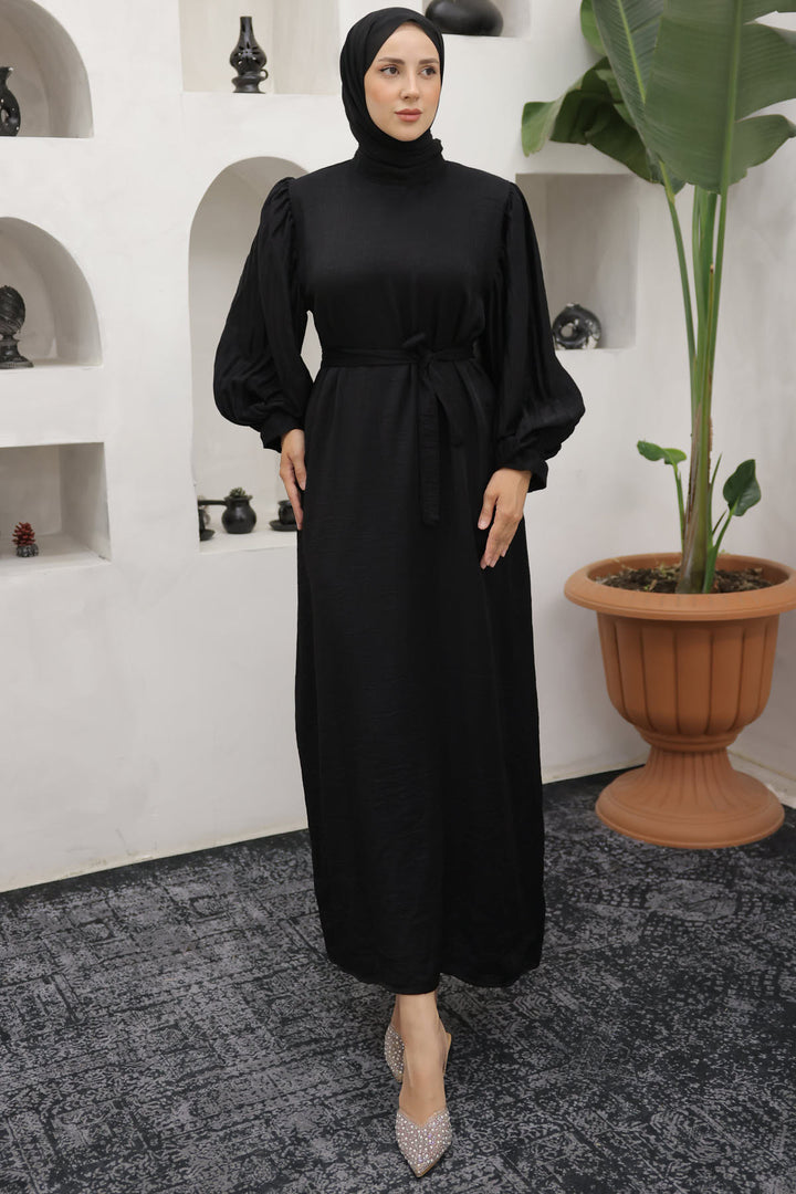 BNG Women Sleeves Pile Detailed Hijab Dress Black - Clermont