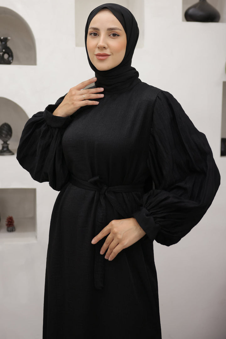 BNG Women Sleeves Pile Detailed Hijab Dress Black - Clermont