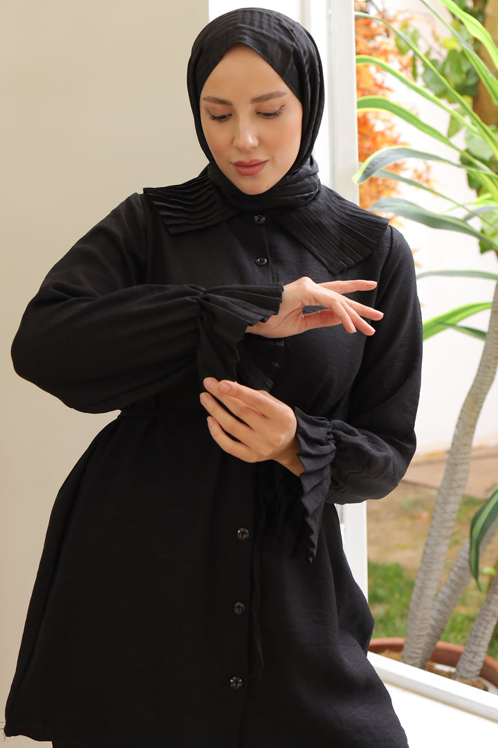 بدلة كتان نسائية من BNG باللون الأسود مع ياقة وأكمام - كليرمون