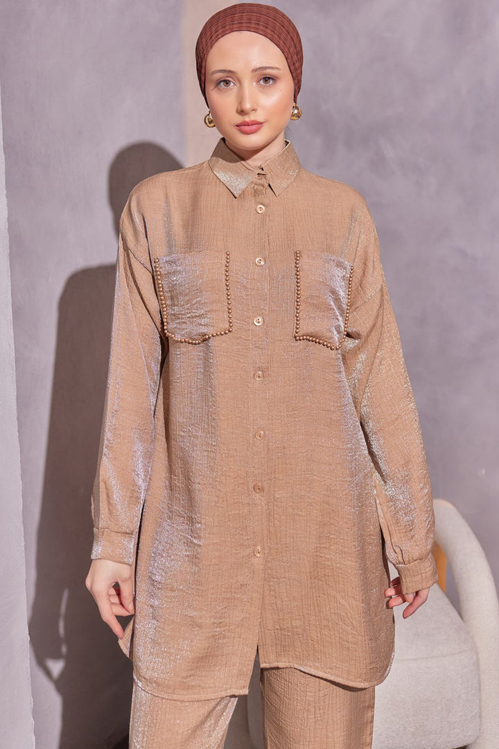 BNG Women Pockets Beaded Detailed Two-Piece Set Camel - Clermont